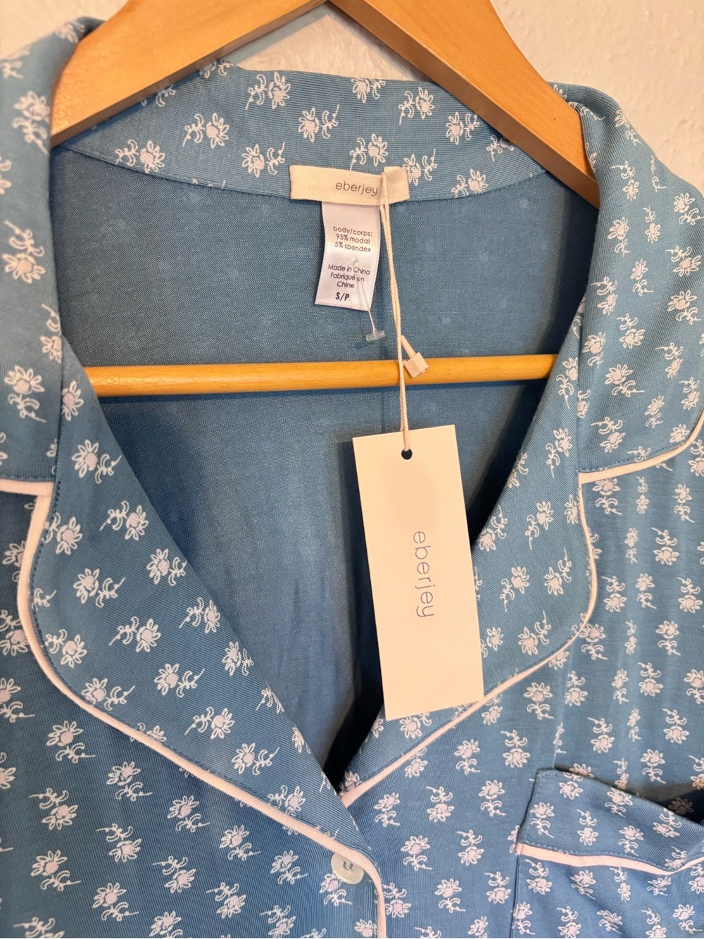 Eberjey Blue Floral-Print Long Pajama Shirt with White Piping - Picture 2 of 4